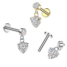 Cherry Diva Flat Back Stud 16 Gauge Hypoallergenic Internally Threaded Dangling Heart Stud
