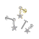 Cherry Diva Flat Back Stud 16 Gauge Hypoallergenic Internally Threaded Dangling Star Stud
