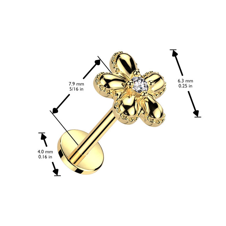 Cherry Diva Flat Back Stud 16 Gauge Internally Threaded Crystal Centre Flower Piercing Stud
