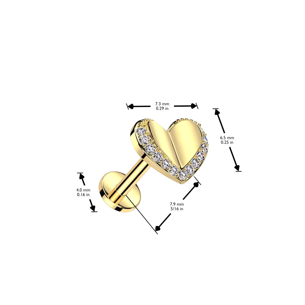 16 Gauge Internally Threaded Crystal Trim Heart Piercing Stud - size guide
