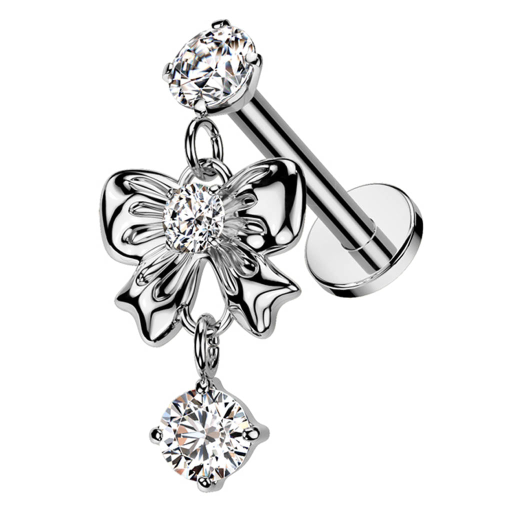 Cherry Diva Flat Back Stud 16 Gauge Internally Threaded Dangling Crystal Bow Stud