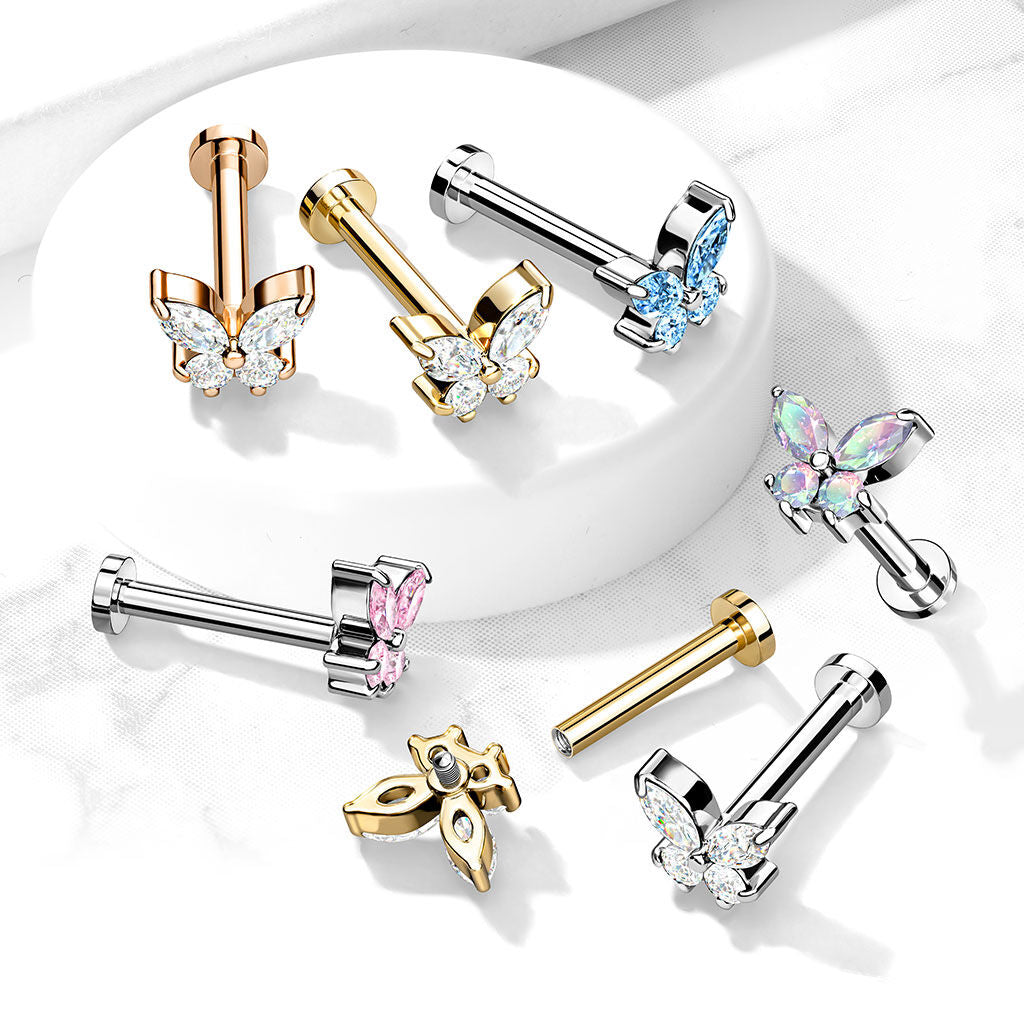 16 Gauge Internally Threaded Flat Back Crystal Butterfly Stud