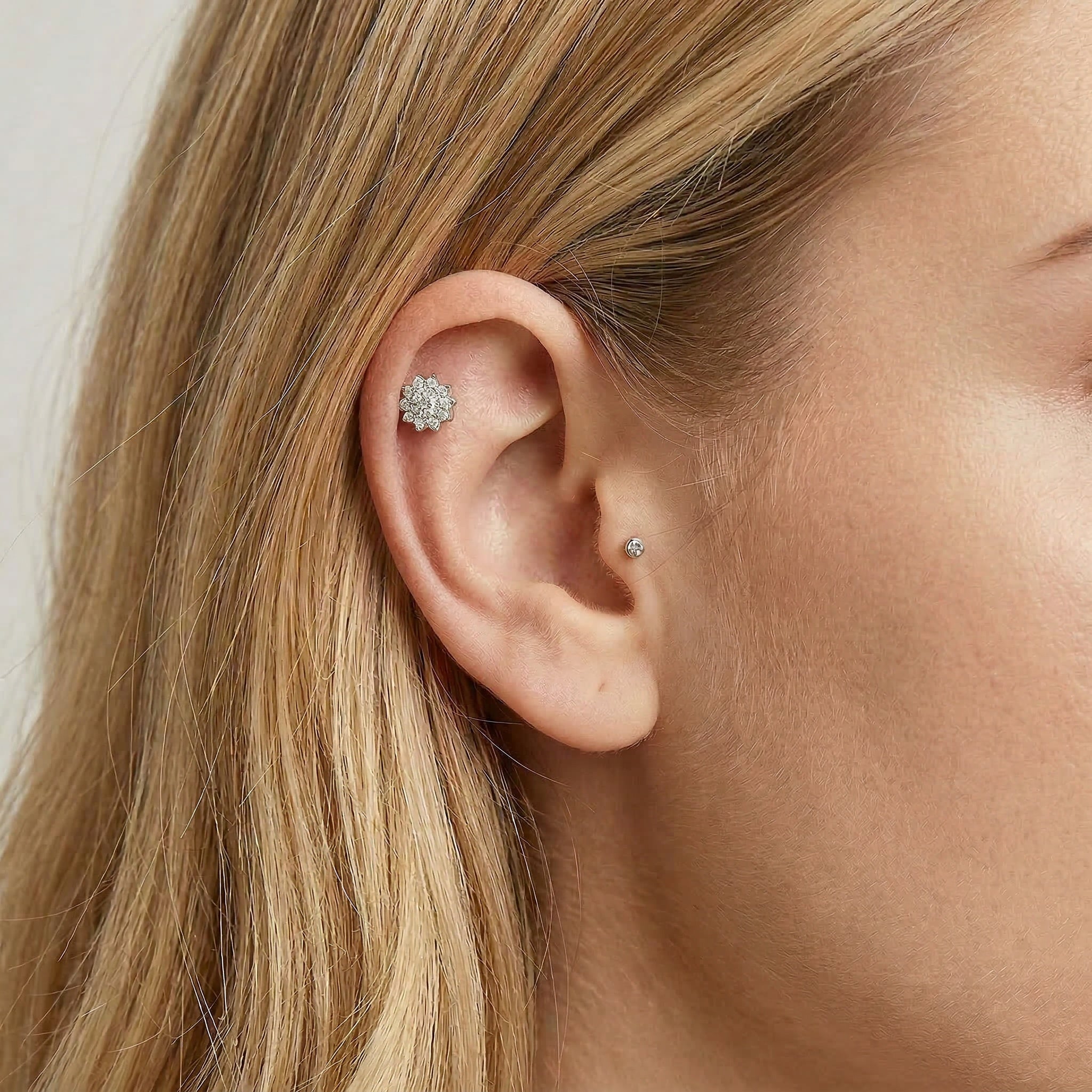 Cherry Diva Flat Back Stud 16 Gauge Internally Threaded Titanium Crystal Flower Stud