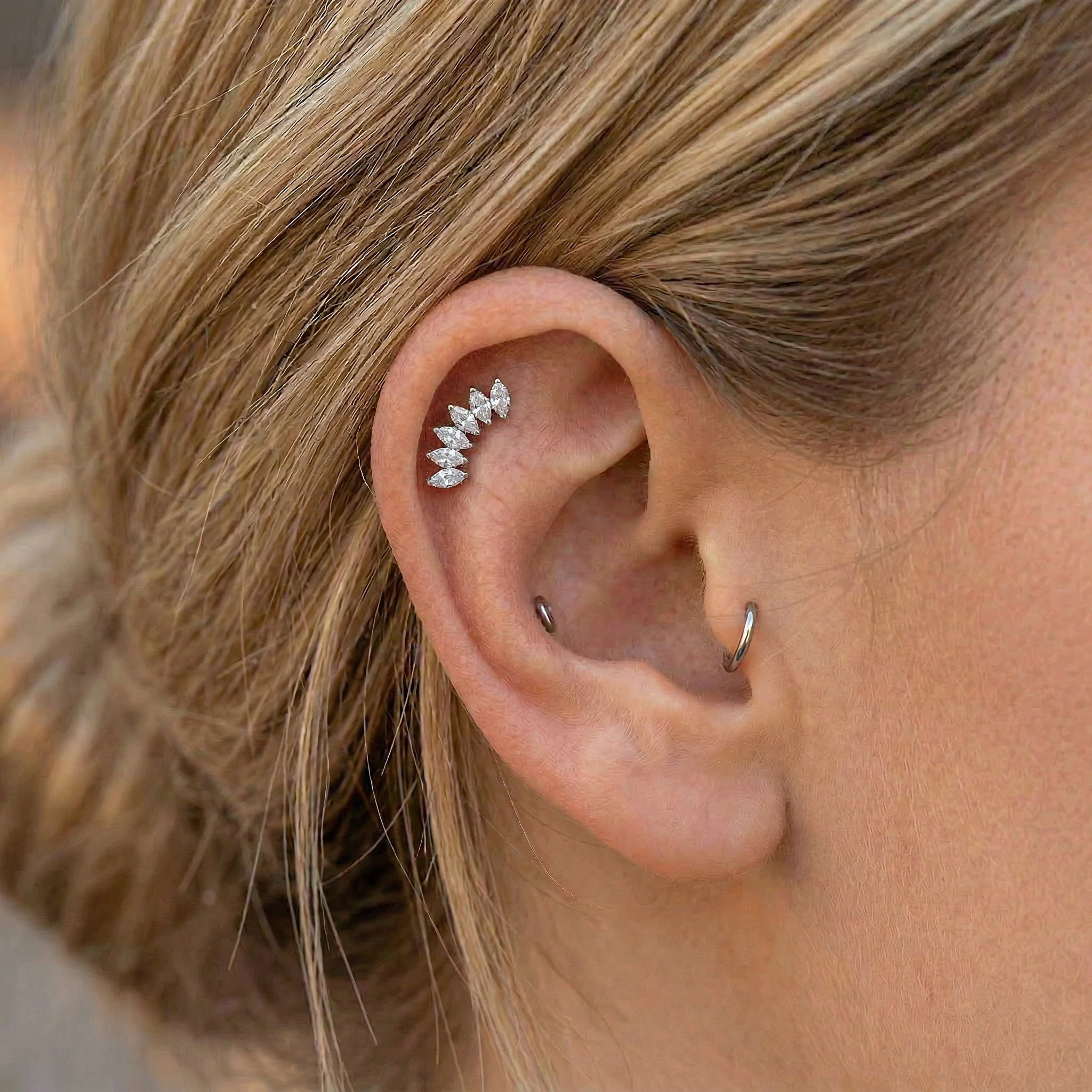 Cherry Diva Flat Back Stud 16 Gauge Internally Threaded Titanium Crystal Marquise Stud