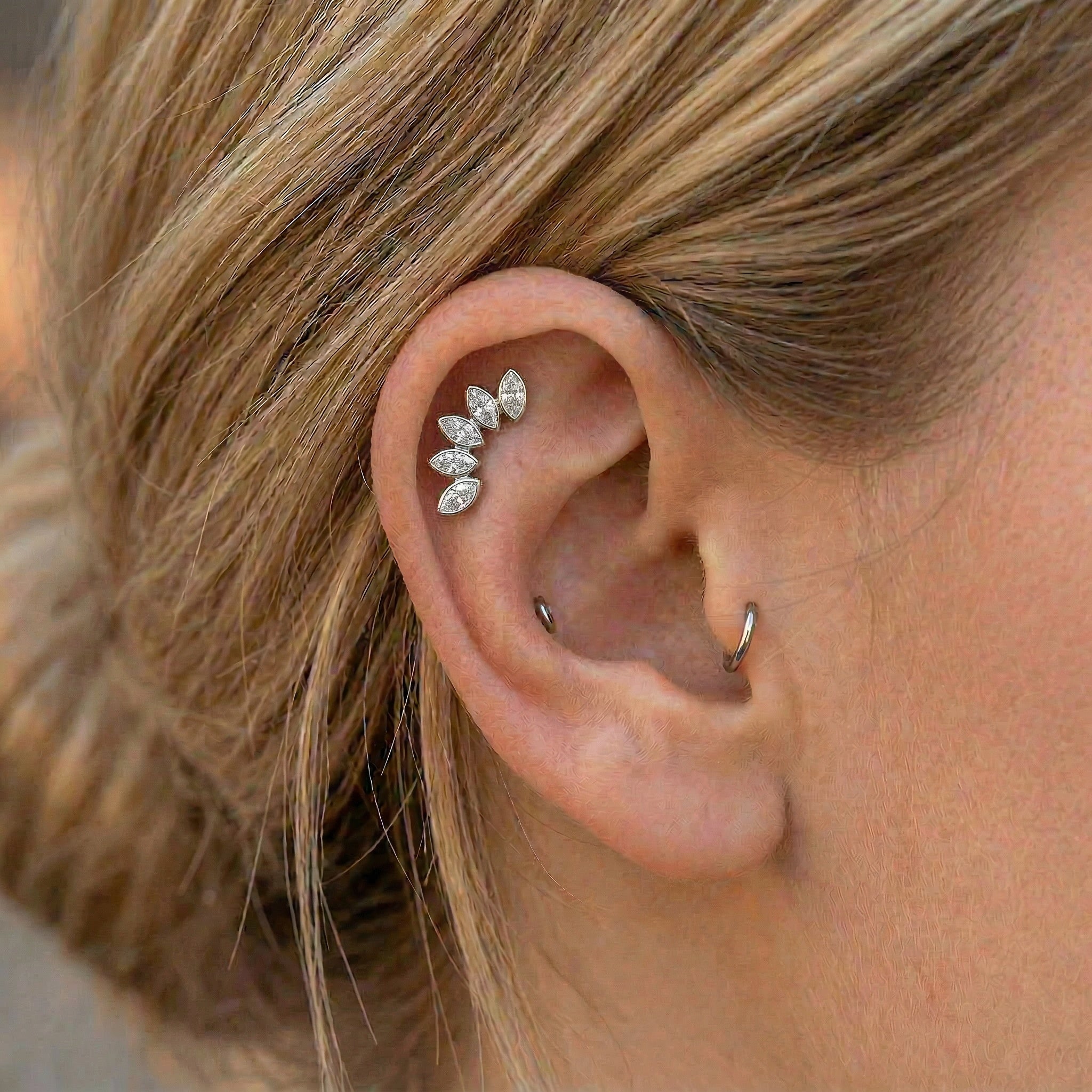 Cherry Diva Flat Back Stud 16 Gauge Internally Threaded Titanium Crystal Marquise Stud