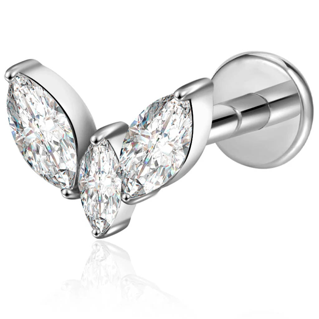 Cherry Diva Flat Back Stud 16 Gauge Internally Threaded Titanium Triple Crystal Stud