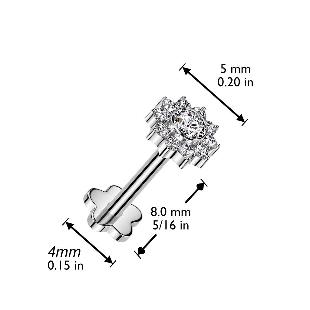Cherry Diva Flat Back Stud 16 Gauge Press Fit Titanium Crystal Flower Labret & Cartilage Stud