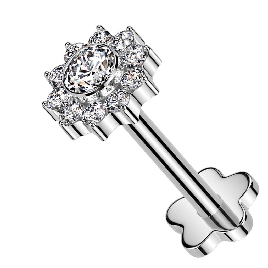 Cherry Diva Flat Back Stud 16 Gauge Press Fit Titanium Crystal Flower Labret & Cartilage Stud