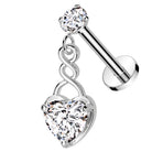 Cherry Diva Flat Back Stud 16 Gauge Silver Internally Threaded Dangling Crystal Heart Stud