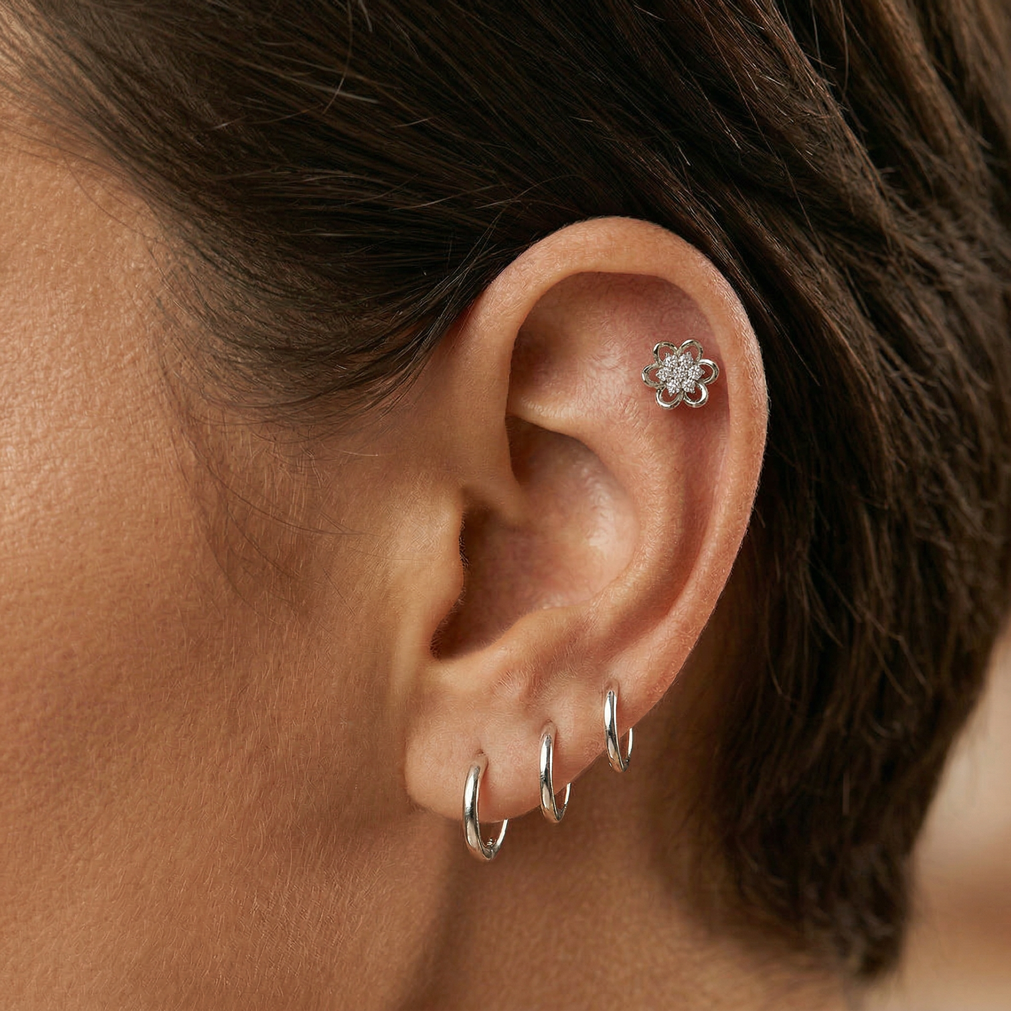 Cherry Diva Flat Back Stud 16 Gauge Threadless Crystal Centre Flower Stud