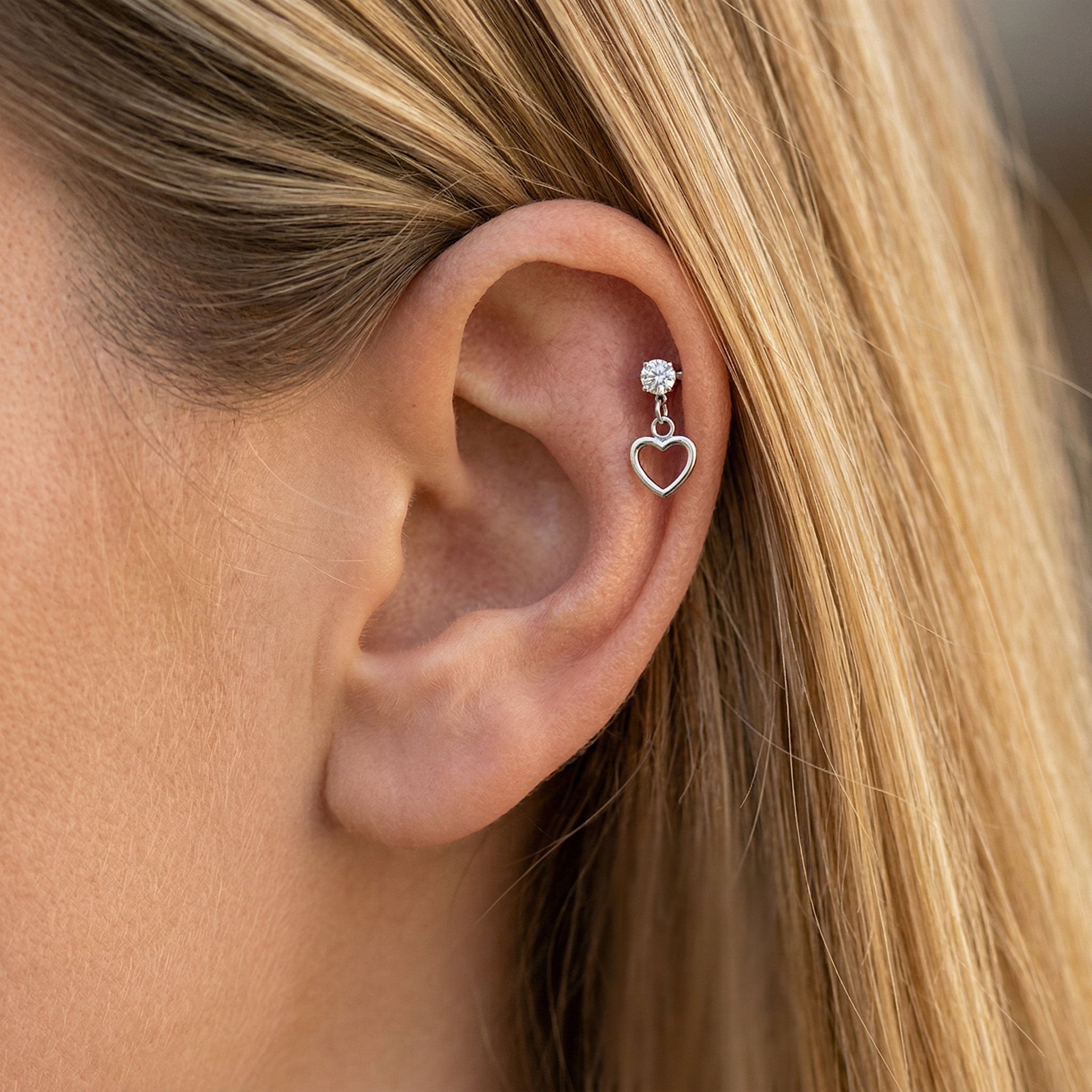 Cherry Diva Flat Back Stud 16 Gauge Threadless Dangling Hollow Heart Stud