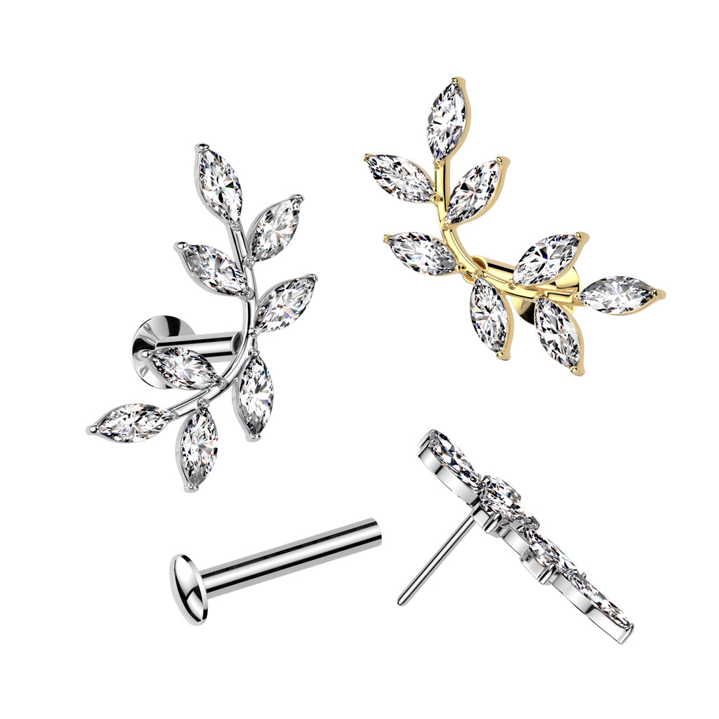 Cherry Diva Flat Back Stud 16 Gauge Threadless Gold Crystal Petal Cartilage Stud