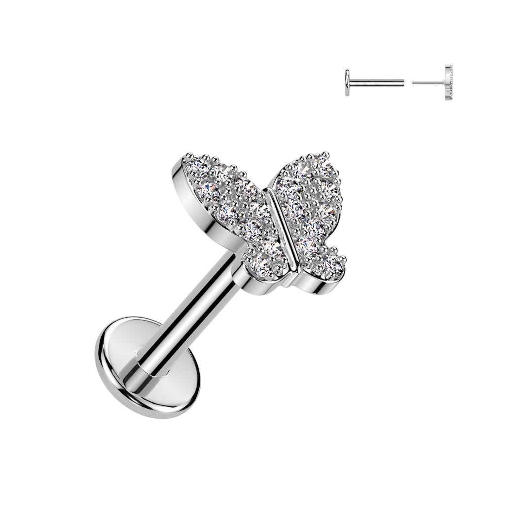 Cherry Diva Flat Back Stud 16 Gauge Threadless Silver Crystal Butterfly Cartilage Stud