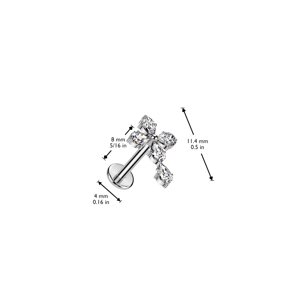 Cherry Diva Flat Back Stud 16 Gauge Threadless Silver Crystal Cross Cartilage Stud