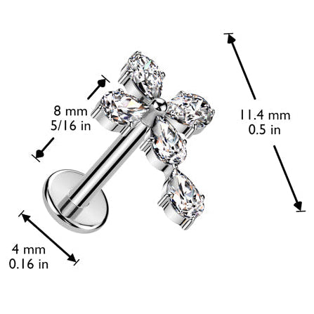 Cherry Diva Flat Back Stud 16 Gauge Threadless Silver Crystal Cross Cartilage Stud
