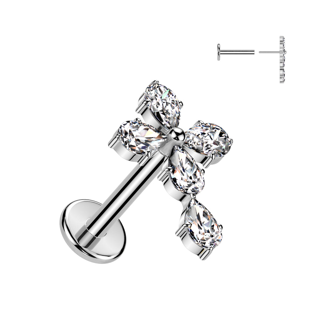 Cherry Diva Flat Back Stud 16 Gauge Threadless Silver Crystal Cross Cartilage Stud