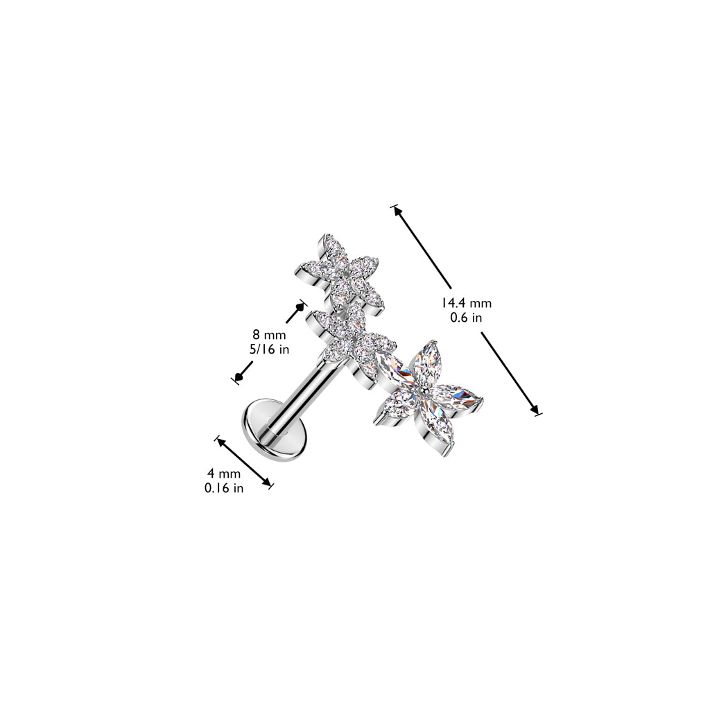 Cherry Diva Flat Back Stud 16 Gauge Threadless Silver Crystal Flower Cartilage Stud