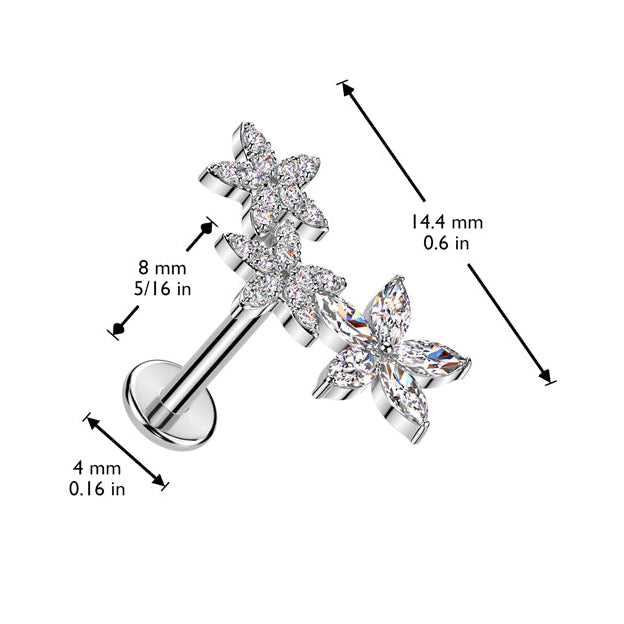 Cherry Diva Flat Back Stud 16 Gauge Threadless Silver Crystal Flower Cartilage Stud