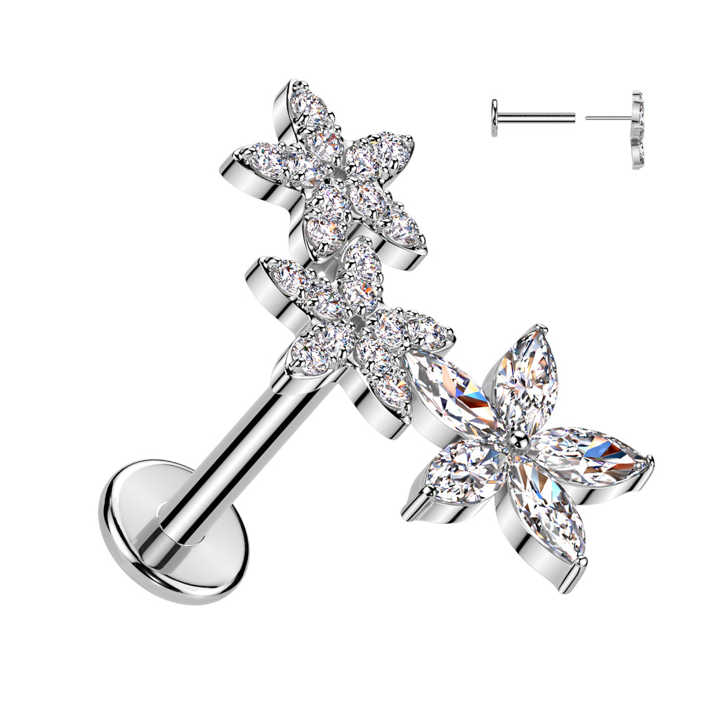 Cherry Diva Flat Back Stud 16 Gauge Threadless Silver Crystal Flower Cartilage Stud