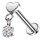 Cherry Diva Flat Back Stud 16 Gauge Threadless Titanium Dangling Crystal Heart Stud