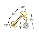 Cherry Diva Flat Back Stud 16 Gauge Threadless Titanium Dangling Crystal Heart Stud