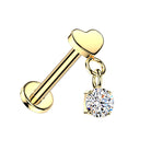 Cherry Diva Flat Back Stud 16 Gauge Threadless Titanium Dangling Crystal Heart Stud