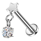 Cherry Diva Flat Back Stud 16 Gauge Threadless Titanium Dangling Crystal Star Stud