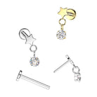 Cherry Diva Flat Back Stud 16 Gauge Threadless Titanium Dangling Crystal Star Stud
