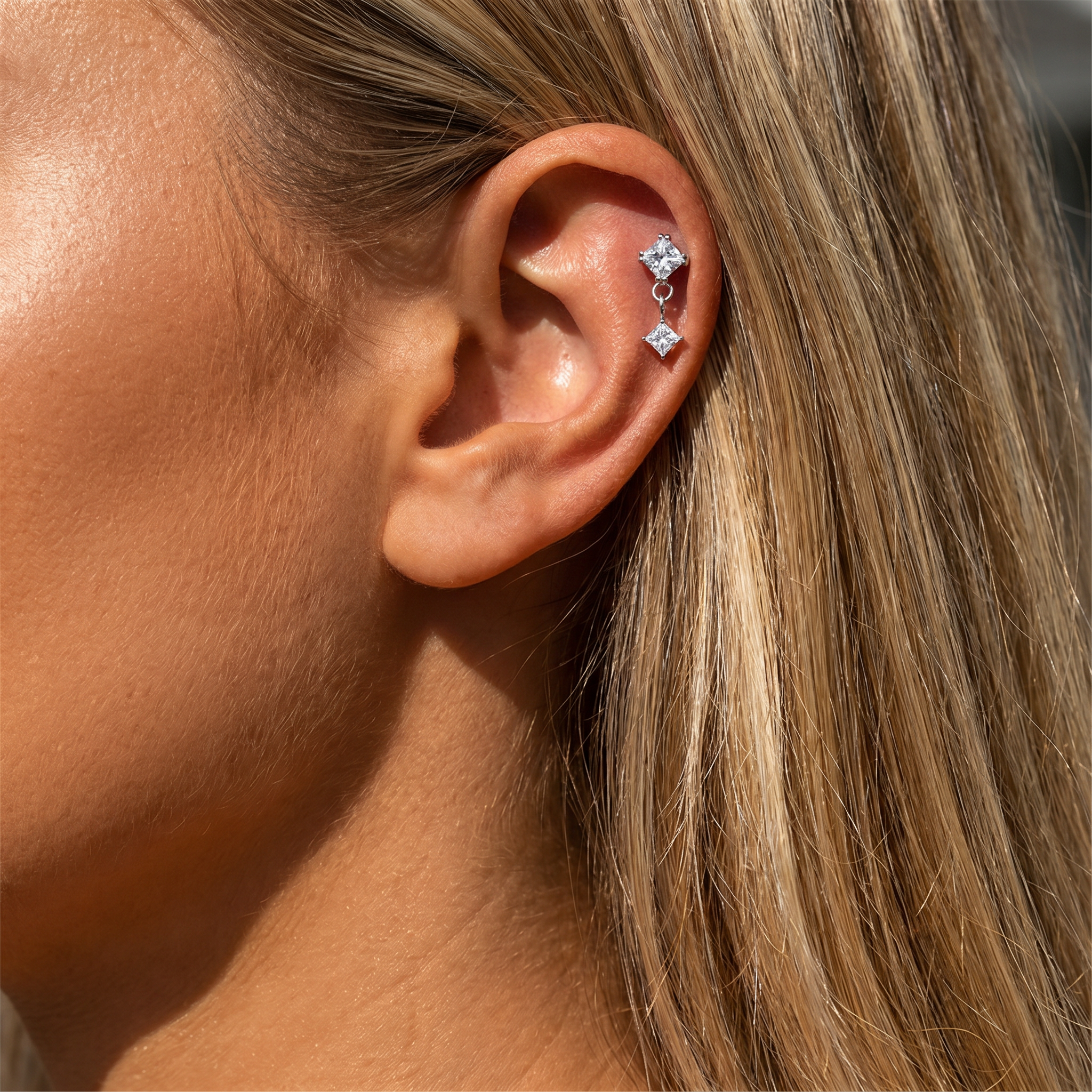 Cherry Diva Flat Back Stud 16 Gauge Threadless Titanium Dangling Crystal Stud