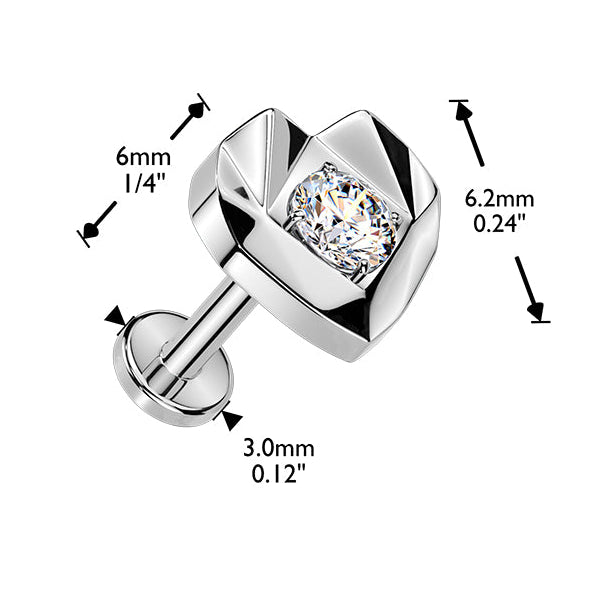 Cherry Diva Flat Back Stud 16 Gauge Threadless Titanium Faceted Crystal Heart Stud