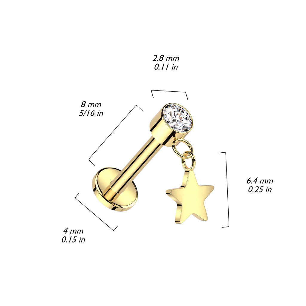 Cherry Diva Flat Back Stud 16 Gauge Titanium Flower Press Fit Dangling Star Labret Stud