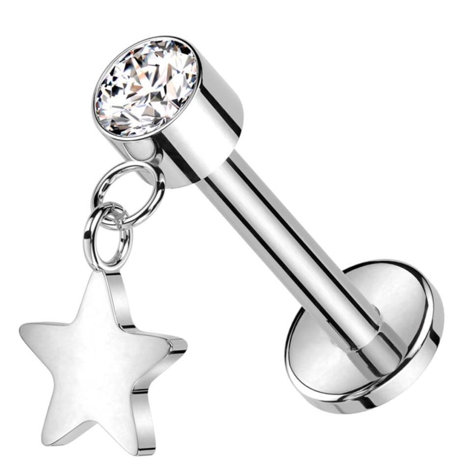 Cherry Diva Flat Back Stud 16 Gauge Titanium Flower Press Fit Dangling Star Labret Stud