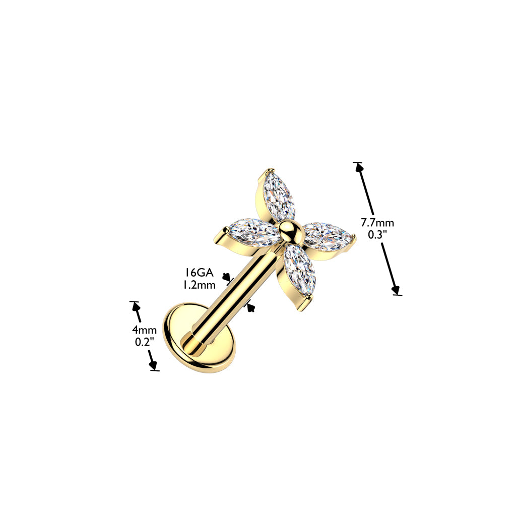 Cherry Diva Flat Back Stud 16 Gauge Titanium Internally Threaded Crystal Flower Stud