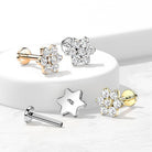 Cherry Diva Flat Back Stud 16 Gauge Titanium Internally Threaded Five Petal Crystal Flower Stud - Silver