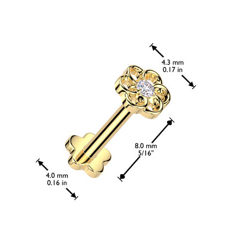 Cherry Diva Flat Back Stud 16 Gauge Titanium Threadless Crystal Flower Stud