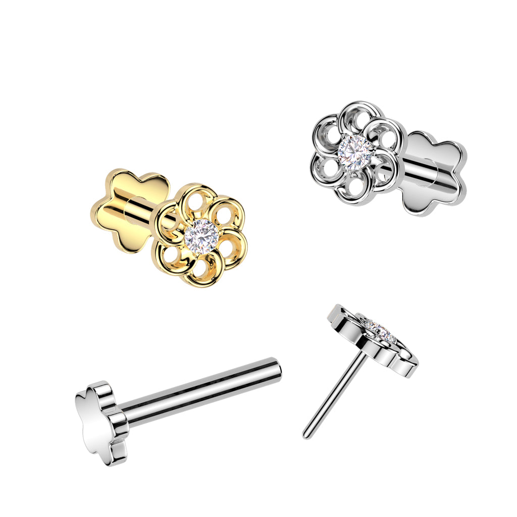 Cherry Diva Flat Back Stud 16 Gauge Titanium Threadless Crystal Flower Stud