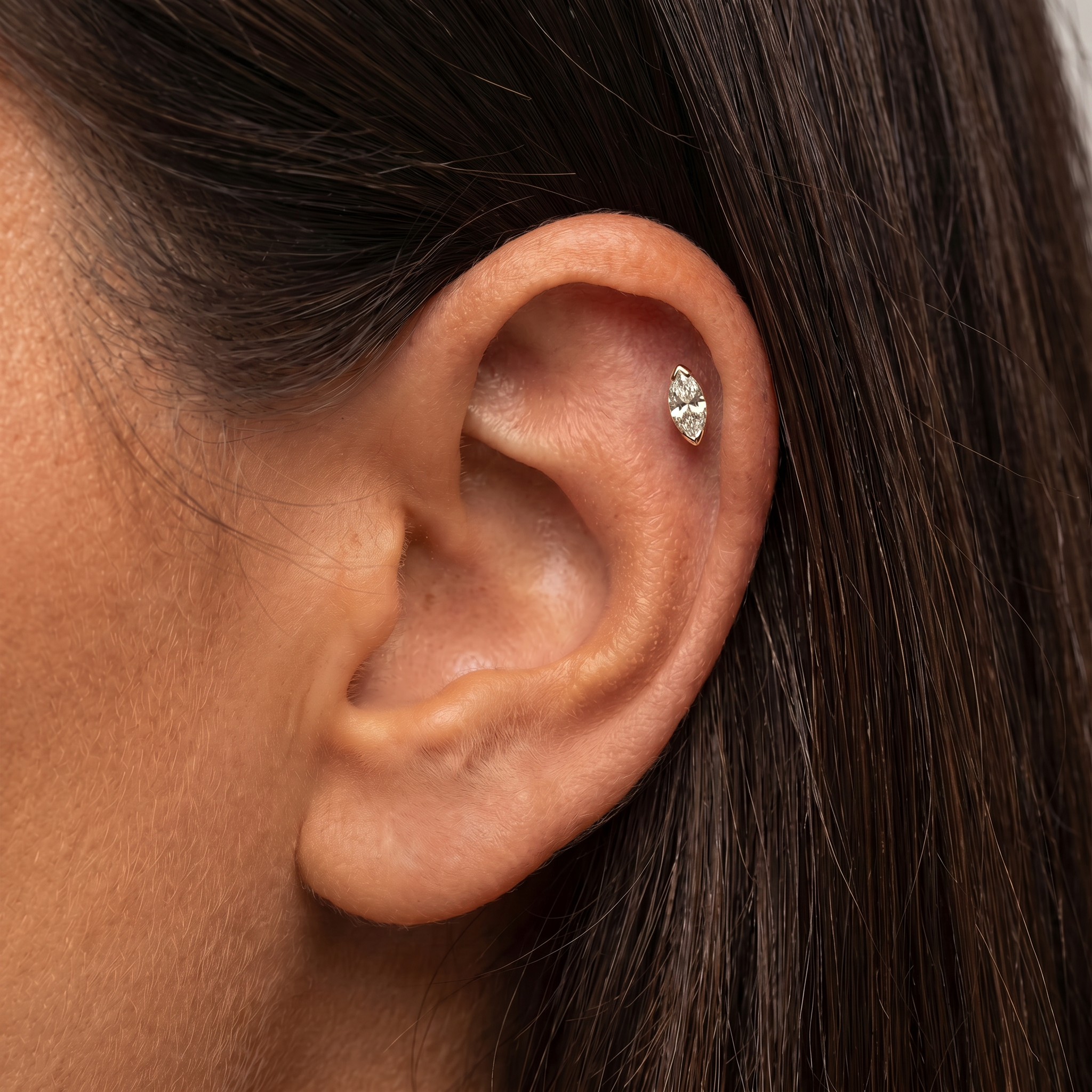 Cherry Diva Flat Back Stud 16 Gauge Titanium Threadless Crystal Marquise Stud