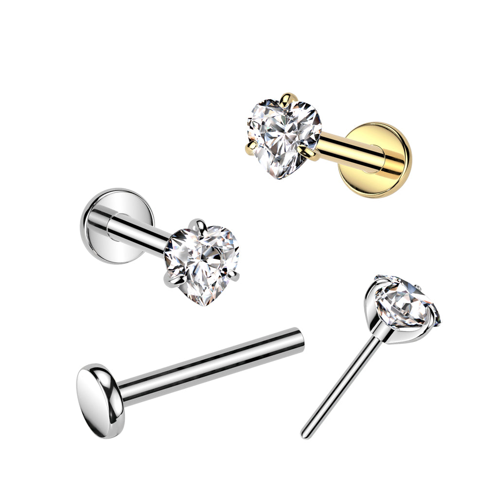 Cherry Diva Flat Back Stud 18 Gauge Titanium Press Fit Crystal Heart Stud - Silver