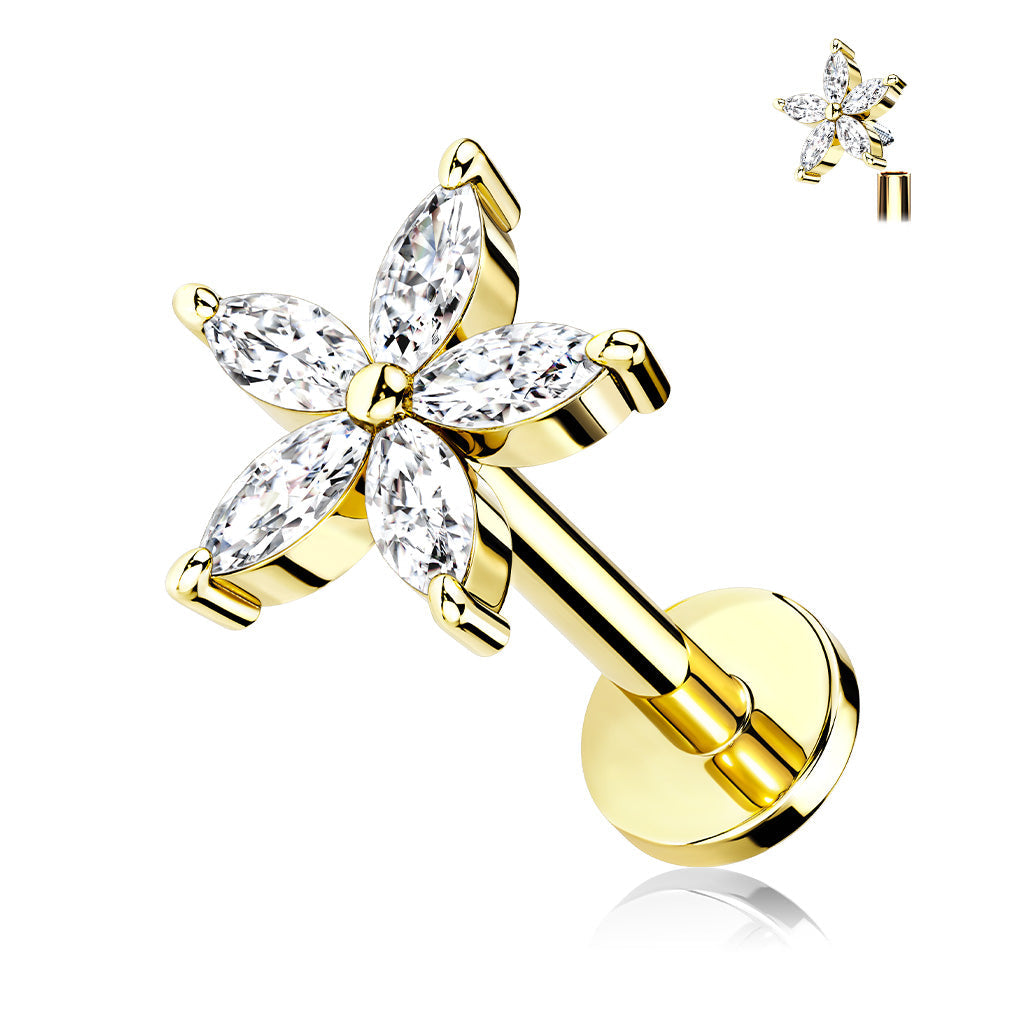 Cherry Diva Flat Back Stud 6MM / Gold 16 Gauge Flat Back Internally Threaded Crystal Flower Stud