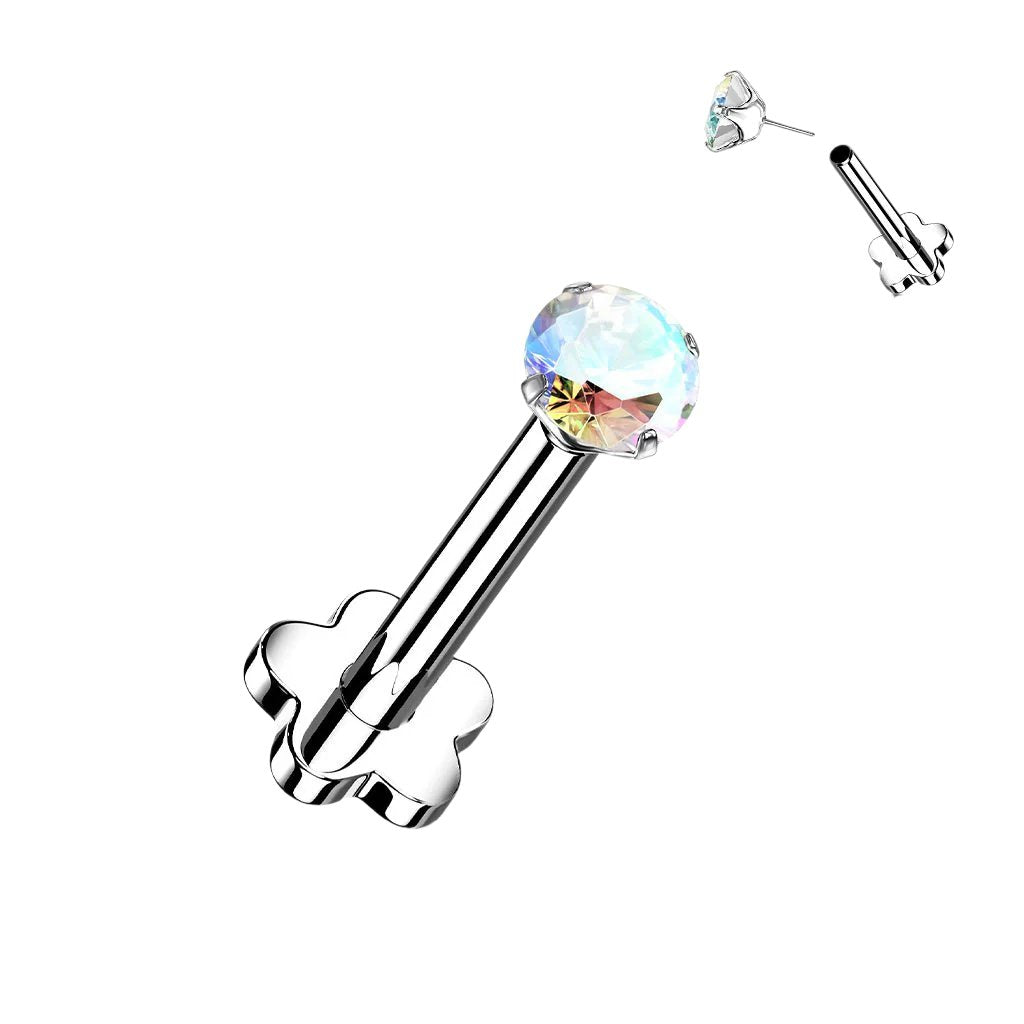 Cherry Diva Flat Back Stud Aurora 16 Gauge Titanium Flower Press Fit Crystal Labret Stud