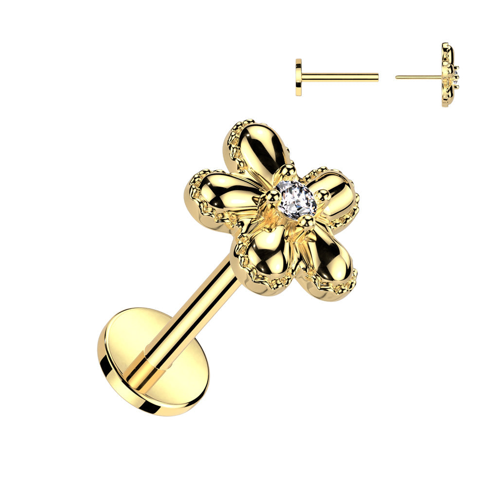 Cherry Diva Flat Back Stud Gold 16 Gauge Internally Threaded Crystal Centre Flower Piercing Stud