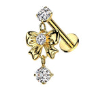 Cherry Diva Flat Back Stud Gold 16 Gauge Internally Threaded Dangling Crystal Bow Stud