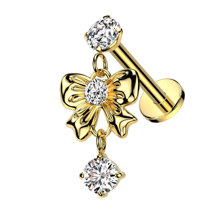 Cherry Diva Flat Back Stud Gold 16 Gauge Internally Threaded Dangling Crystal Bow Stud