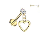 Cherry Diva Flat Back Stud Gold 16 Gauge Threadless Dangling Hollow Heart Stud