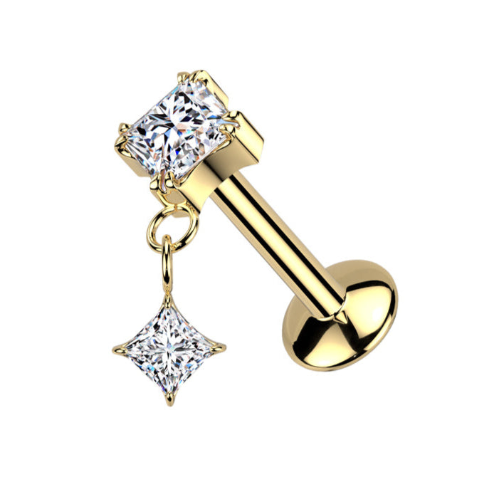 Cherry Diva Flat Back Stud Gold 16 Gauge Threadless Titanium Dangling Crystal Stud