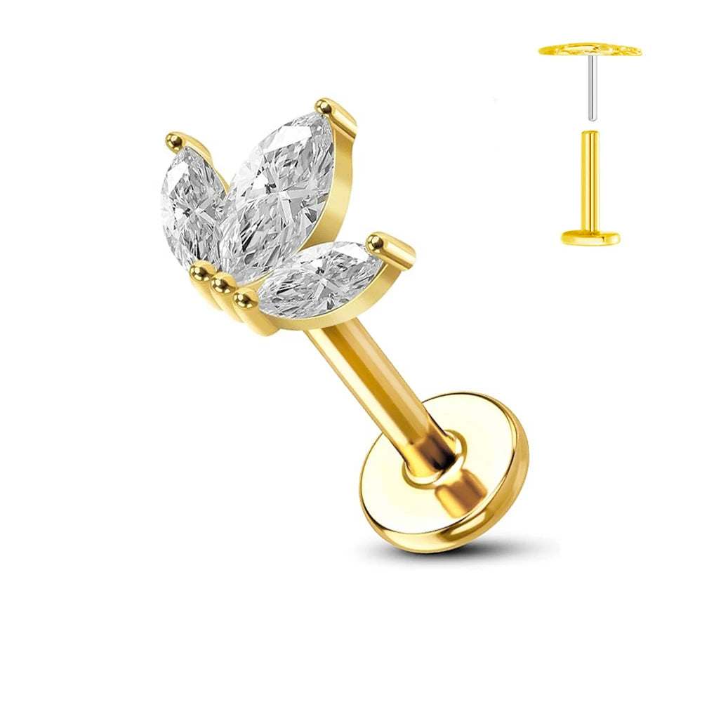 Cherry Diva Flat Back Stud Gold 16 Gauge Threadless Titanium Triple Crystal Stud