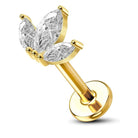 Cherry Diva Flat Back Stud Gold 16 Gauge Threadless Titanium Triple Crystal Stud