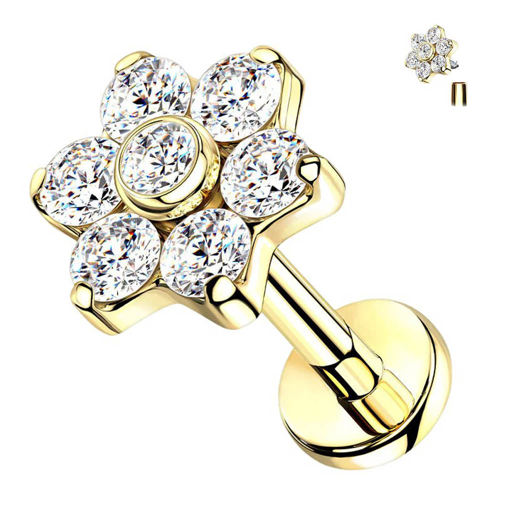 Cherry Diva Flat Back Stud Gold 16 Gauge Titanium Crystal Flower Cartilage Stud