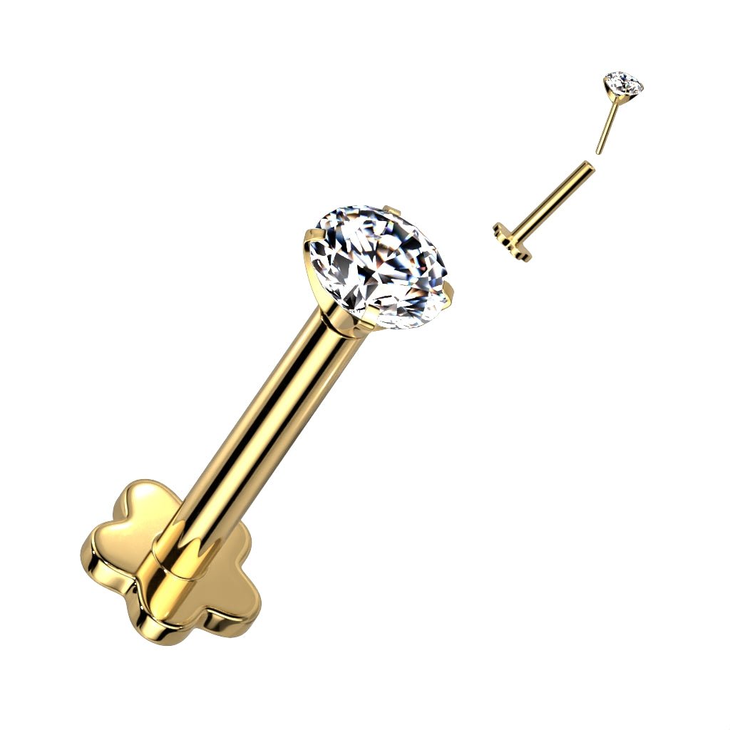 Cherry Diva Flat Back Stud Gold 16 Gauge Titanium Flower Press Fit Crystal Labret Stud