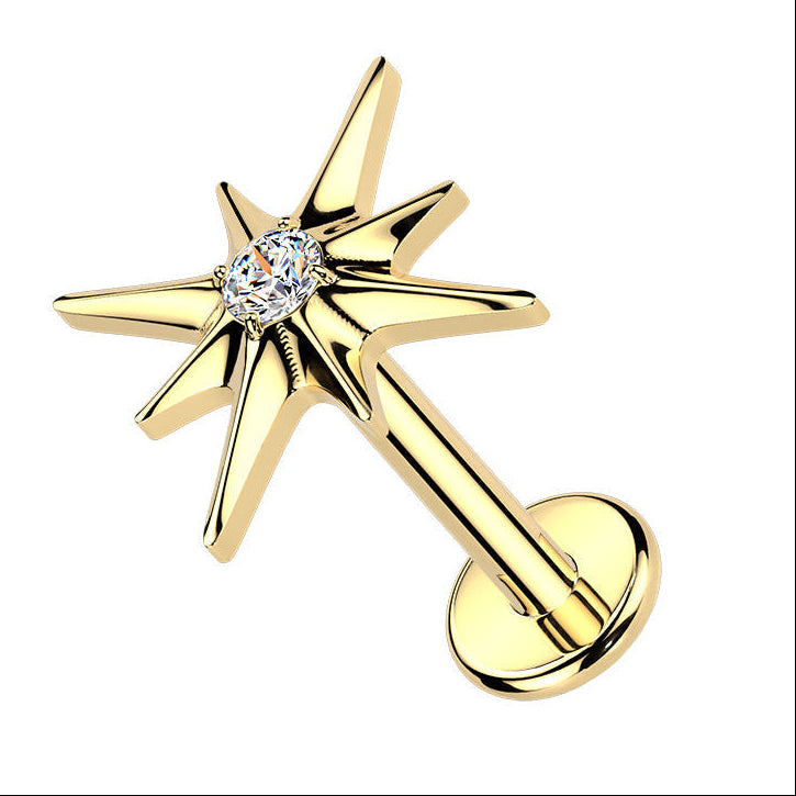 Cherry Diva Flat Back Stud Gold 16 Gauge Titanium Internally Threaded Crystal Starburst Stud